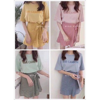 [RẺ VÔ ĐỊCH] Set áo thun thêu chữ RUE + chân váy kẻ thắt nơ (Sỉ từ 5sp bất kỳ)
