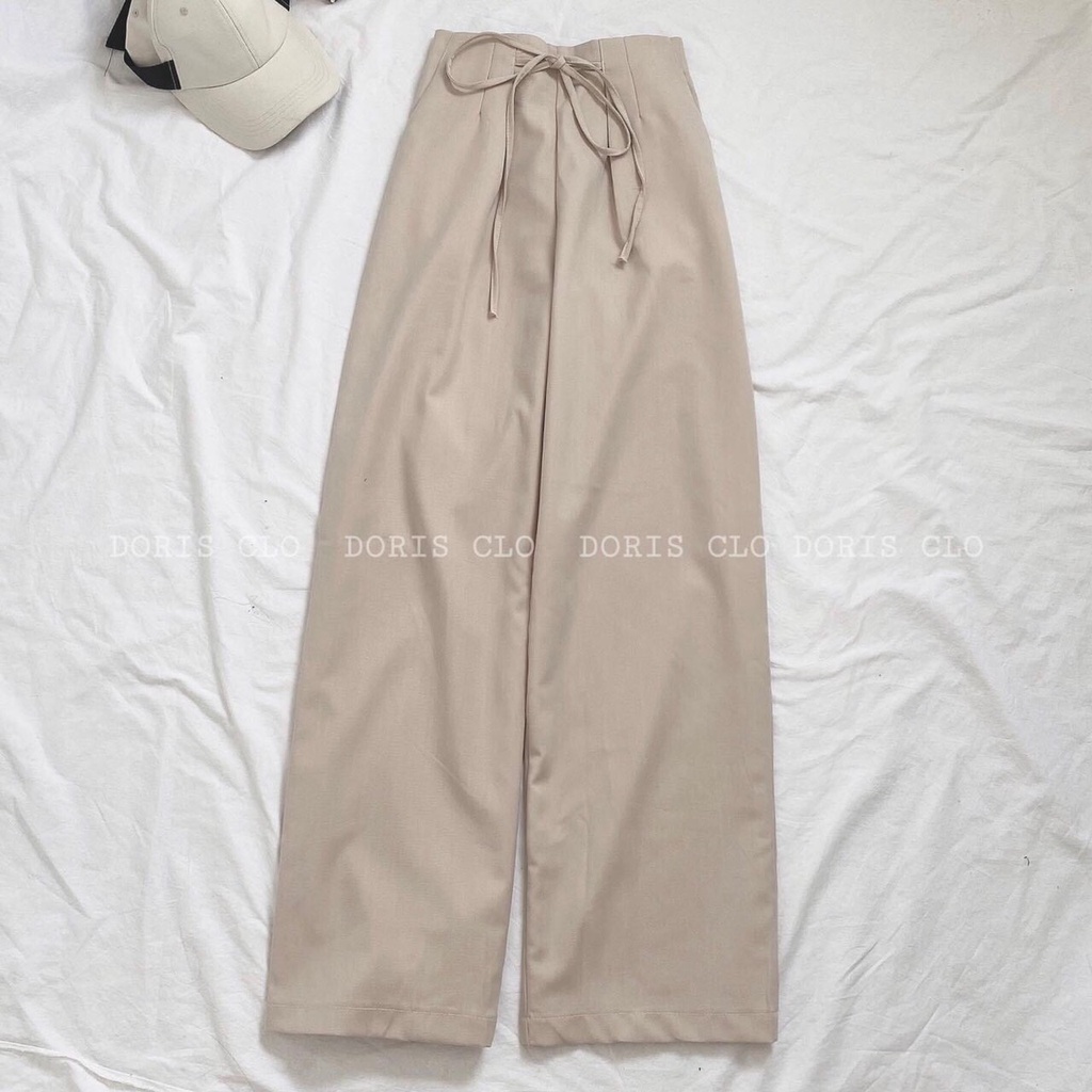 Quần suông trơn lưng cao đính nơ nữ - Culottes dây rút ống rộng vintage, thiết kế đơn giản