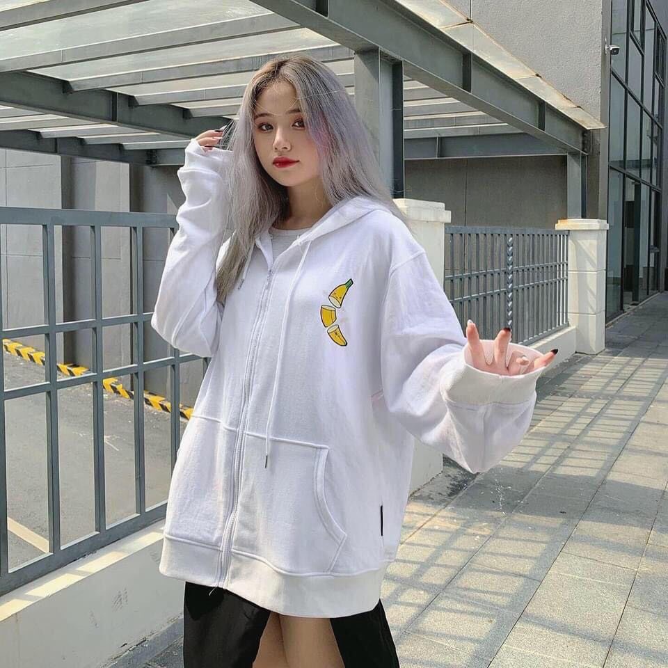 ÁO KHOÁC NỈ DÂY KÉO FORM RỘNG BANANA ULZZANG - ÁO HOODIE NỈ BÔNG CHUỐI ĐEN TRẮNG XANH