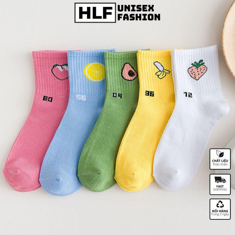 Tất vớ nữ Cotton cổ tròn in quả chuối cam bơ đào, tất vớ cổ cao HLFashion