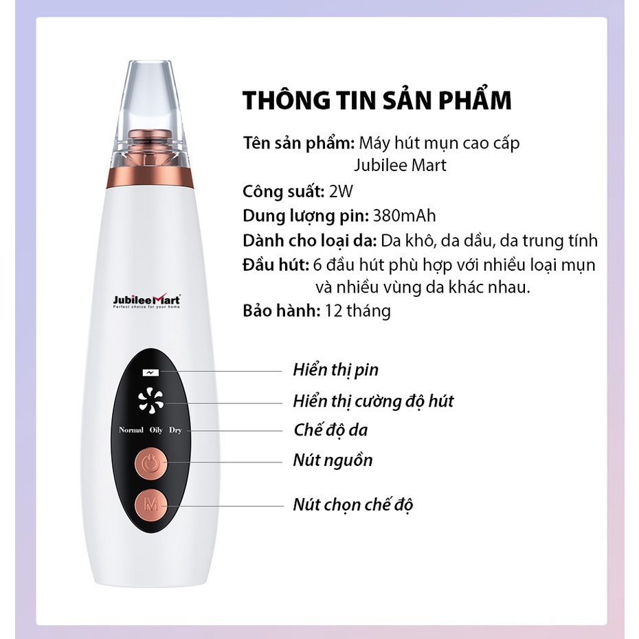 Máy hút mụn cao cấp tặng kèm 6 đầu hút, hút sạch mụn đầu đen, mụn cám, bã nhờn sử dụng pin sạc tiện lợi