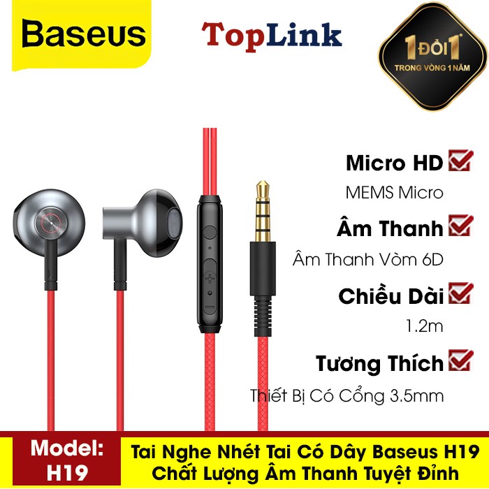 Tai Nghe Nhét Tai Có Dây Có Mic Đàm Thoại Baseus H19 Jack Cắm 3.5mm Cách Âm Chống Ồn Âm Thanh Nổi 6D Hifi - TopLink