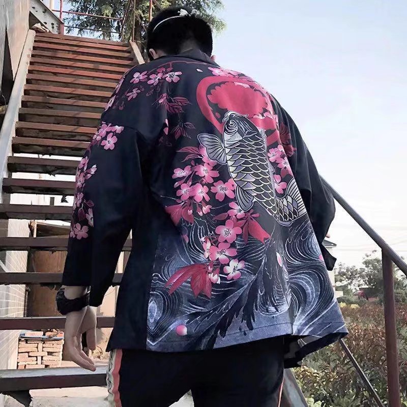 Áo Khoác Kimono Dáng Rộng In Họa Tiết Hoa Đào Và Lông Vũ Phong Cách Nhật Bản Thời Trang Cho Nam Và Nữ 2022