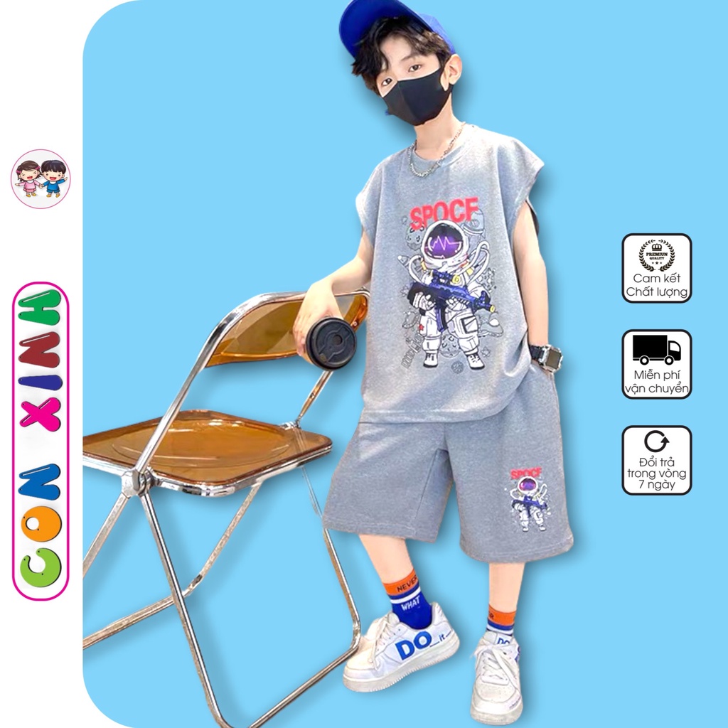 Bộ đồ bé trai Con Xinh cotton sát nách hình in Phi hành gia,thời trang mùa hè dành cho bé từ 4 đến 10 tuổi