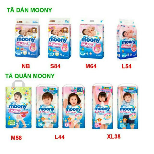 Bỉm moony Nhật Bản nhập khẩu dán/quần size S84+6, M58+6, M64+4, L44+6, XL38+6