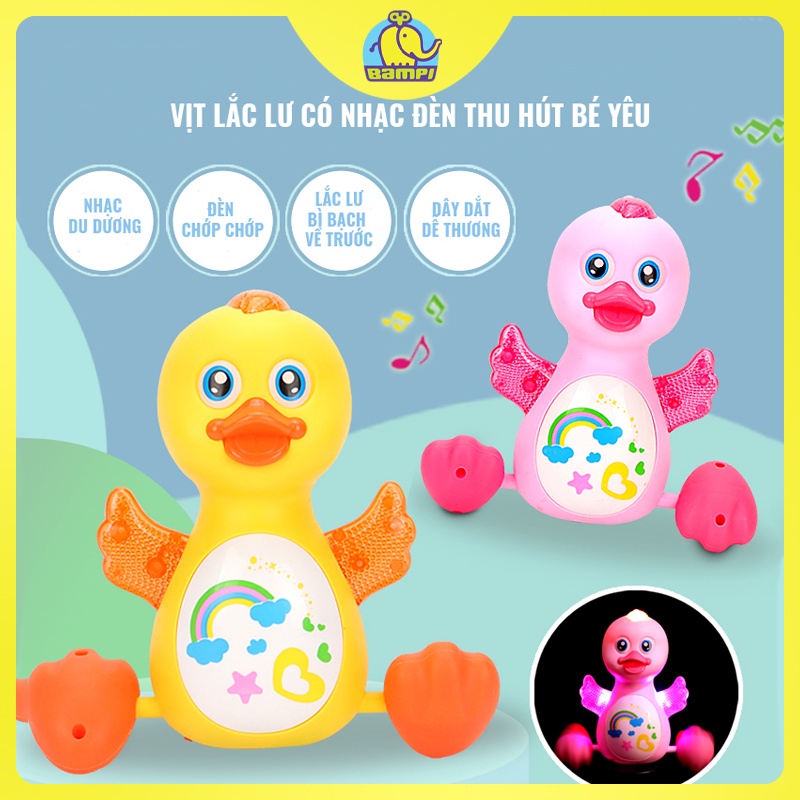 Đồ Chơi Chú Vịt Biết Đi Có Đèn Và Nhạc lắc lư có dây dắt kèm theo Cho Bé tăng khả năng vận động