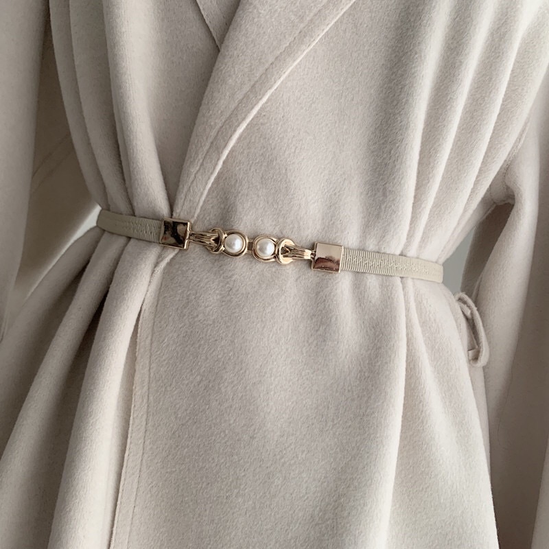 Dây thắt lưng belt chun hạt ngọc bản mỏng khóa kim loại