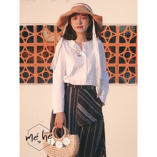 Chân váy linen sọc phối mảnh