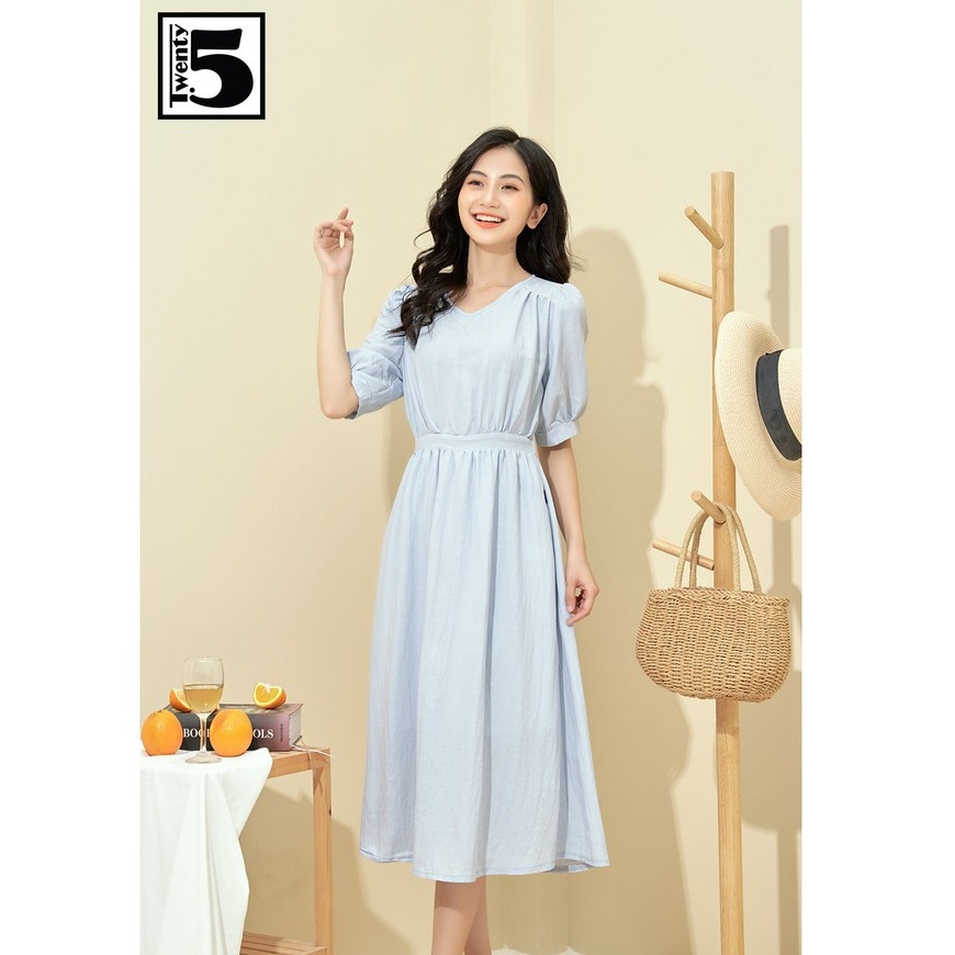 Đầm váy nữ công sở dạo phố cổ V đai eo thắt nơ chất đũi mát Twentyfive N2123