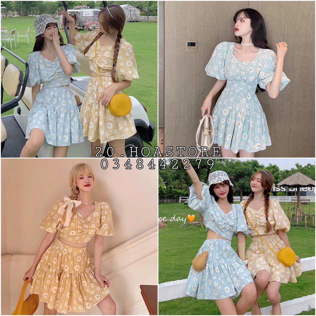 SET CROPTOP CARO XANH HOA CÚC VÀNG - SET ÁO CROPTOP KẺ CỔ VUÔNG NHÚN PHỒNG + CHÂN VÁY XOÈ CARO KẺ HOA CÚC VÀNG XANH HOT