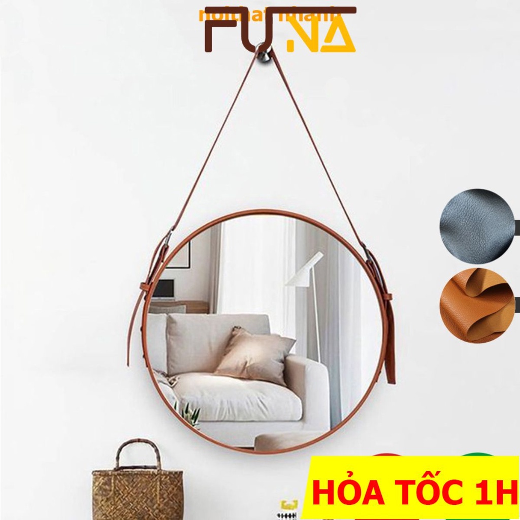 Gương tròn viền dây da treo tường FUNA đủ kích thước lựa chọn 40cm, 50cm