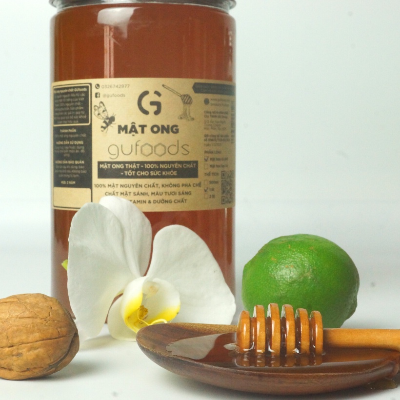[Gift] Mật ong nguyên chất GUfoods - Mật ong thật, 100% nguyên chất, Tốt cho sức khỏe - 500ml, Mật hoa cà phê