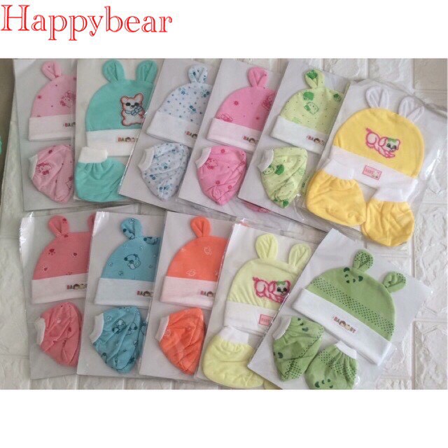 [Mã FMCGSALE24 giảm 8% đơn 500K] Sét mũ kèm bao tay ,bao chân cho bé sơ sinh ( nguyên sét) _ Happybear