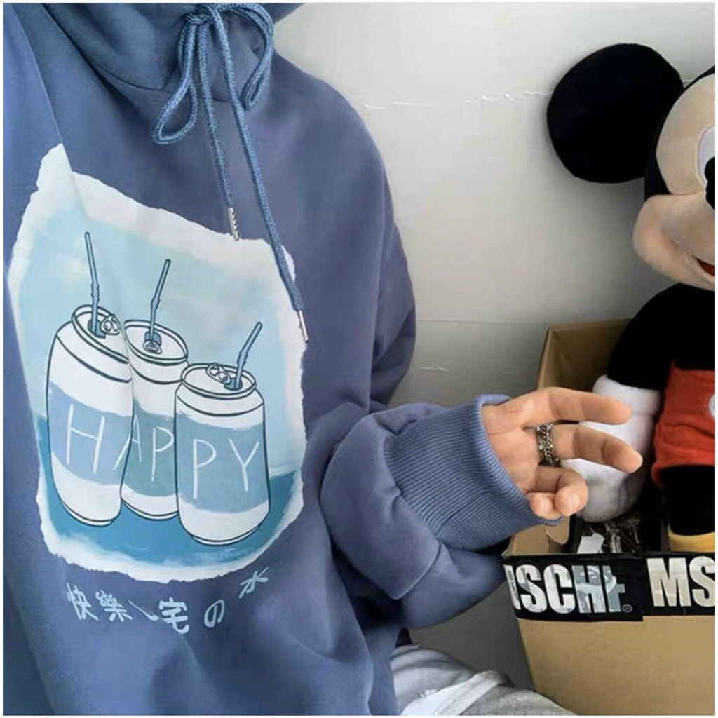 ÁO KHOÁC HOODIE CHUI ĐẦU NỈ NGOẠI NAM NỮ UNISEX FORM RỘNG 3 CHAI HAPPY ĐỦ MÀU XANH, BE CAO CẤP UTI ĐỦ SIZE M, L, XL HOT
