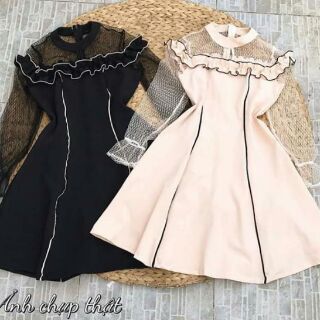 Đầm phối tay ren bi tiểu thư