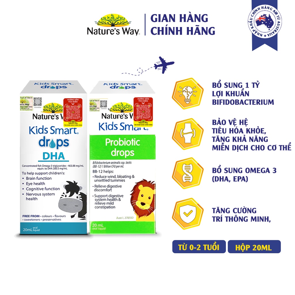 Combo 2 Siro Uống Nature's Way Kids Smart Drops Probiotic Và Drops DHA Bổ Sung Dưỡng Chất Cho Bé