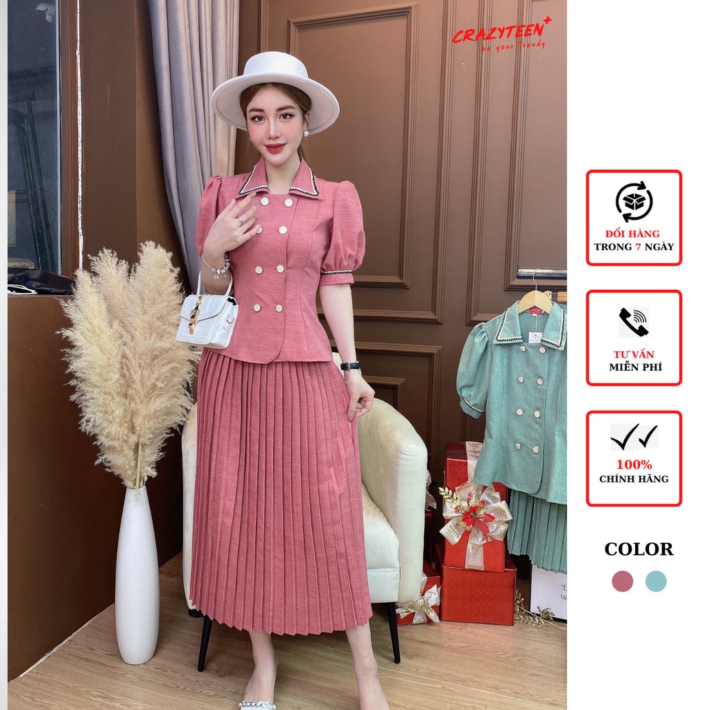 Set bộ 2 món nữ CRAZYTEEN áo kiểu peplum chân váy dài xếp li S0407
