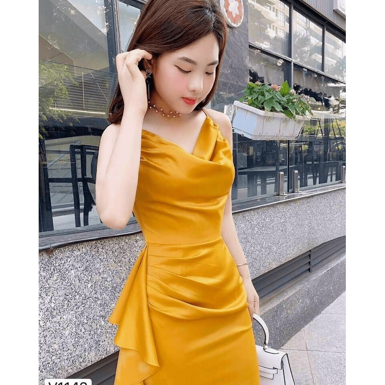TBL-Ảnh thật Đầm xếp ly cổ đổ 2 dây ôm body màu vàng dự tiệc dạ hội thiết kế cao cấp qc22