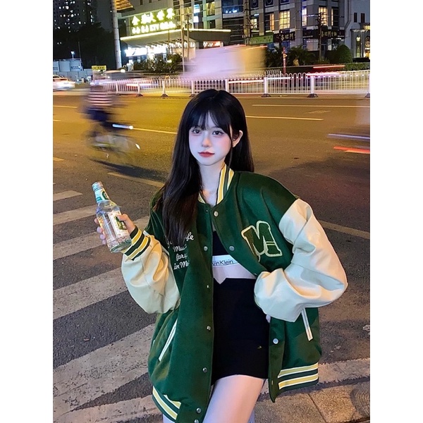 Áo khoác bomber varsity tay da hoạt tiết thêu phong cách retro thời trang nam nữ