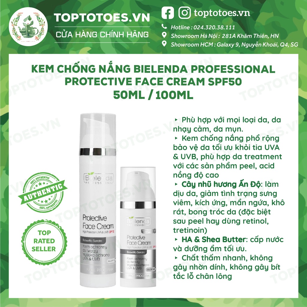 ☍☇✕Kem chống nắng phổ rộng cho da treatment Bielenda Professional Protective Face Cream SPF50 - 50ml/100ml