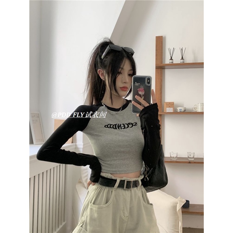 COZOK Áo Croptop Tay Dài Hoạ Tiết Chữ Thêu Phong Cách Vintage