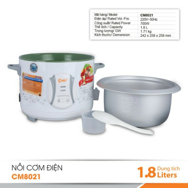 Nồi Cơm Điện Comet Nắp Rời Dung Tích 1.8L Tặng Kèm 1 Chảo Chống Dính Bảo Hành 1 Đổi 1 Trong 30 Ngày