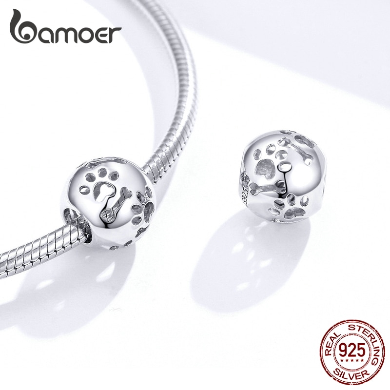 Hạt Phụ Kiện Tròn Bamoer BSC140 Khoét Rỗng Họa Tiết Dấu Chân Thú Cưng Tự Làm Vòng Tay Thời Trang