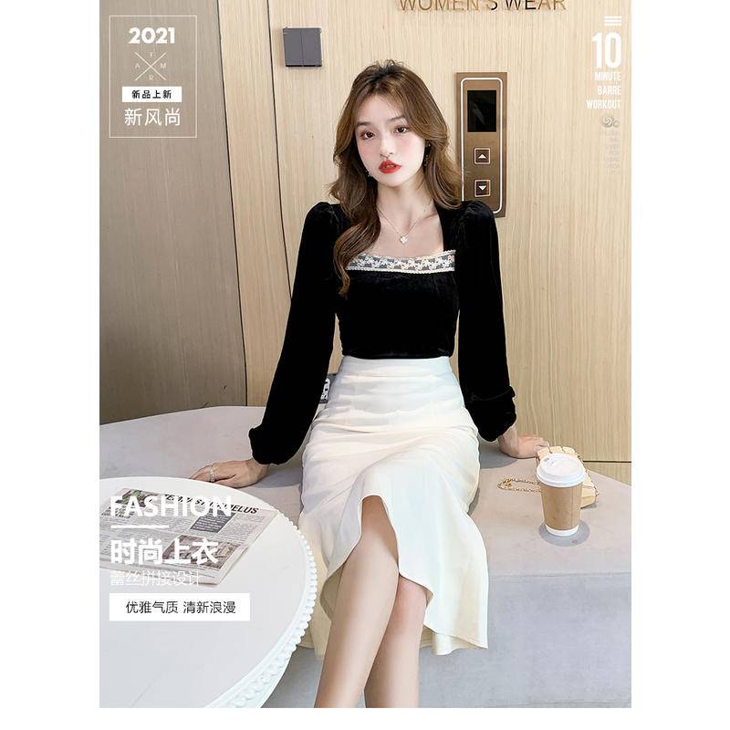 Áo nhung ngắn cổ vuông ôm dáng phong cách Retro Pháp