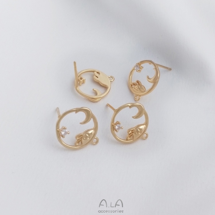 Bông Tai Mạ Vàng 14K Đính Đá Zircon Hình Thỏ / Mặt Trăng Nhiều Màu Sắc diy