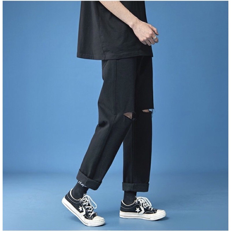 Quần Jean ống rộng nam nữ phong cách Hàn Quốc, Quần Bò ống suông rách gối Unisex, Chất Lượng Cao