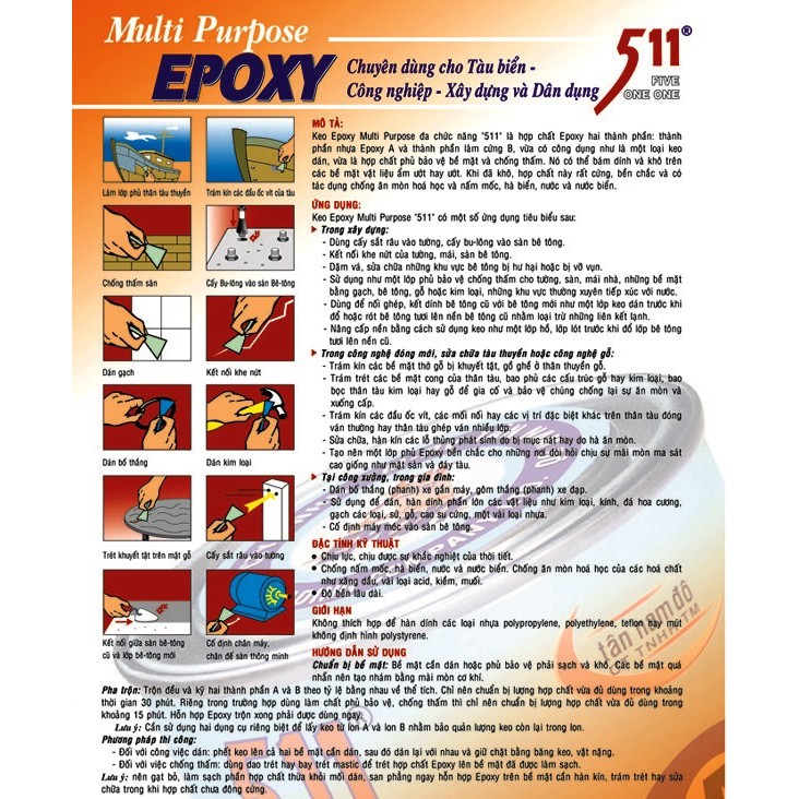 Bộ keo dán đá, nhựa, gỗ, kim loại Epoxy 511 A và B Multi Purpose 675g (AB) Tan Nam Do