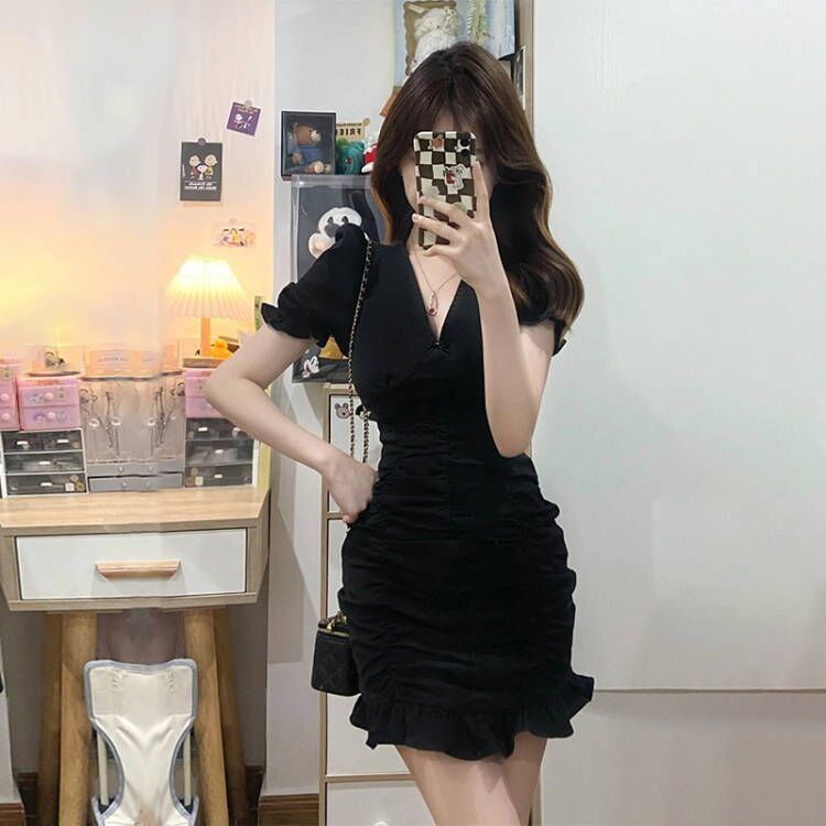 AMOI Đầm Đuôi Cá Dáng Ôm Tay Phồng Màu Trơn Thời Trang Cho Nữ