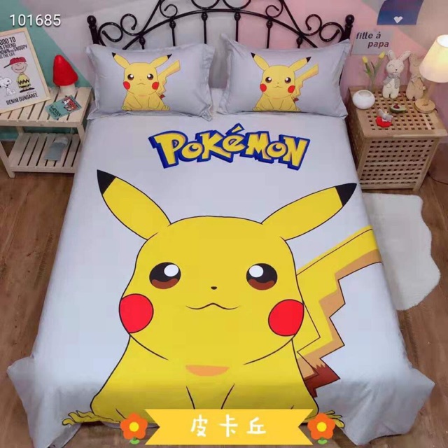 Bộ Chăn Ga Gối Cotton 3D - Pikachu