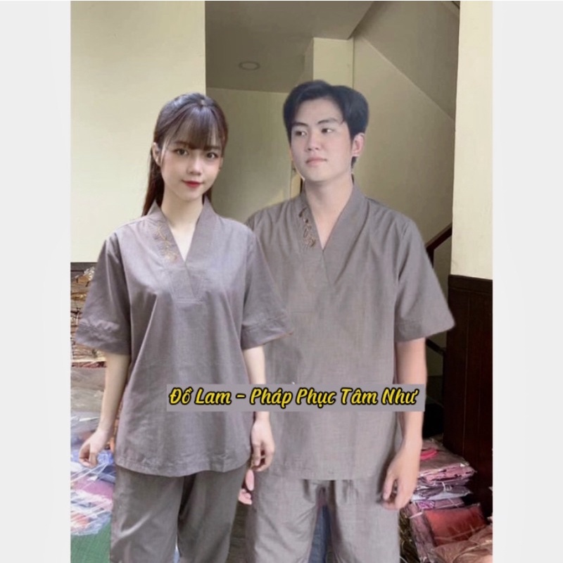 Đồ Lam Đi Chùa Nam Nữ Mẫu Cổ V Thêu Chữ Tâm