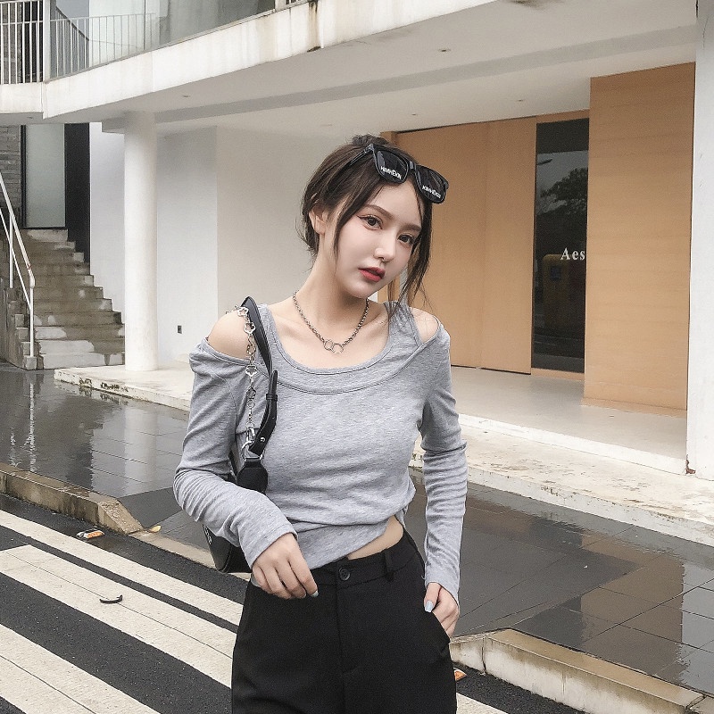 Áo thun COZOK tay dài hở vai màu trơn đơn giản dễ phối đồ thời trang