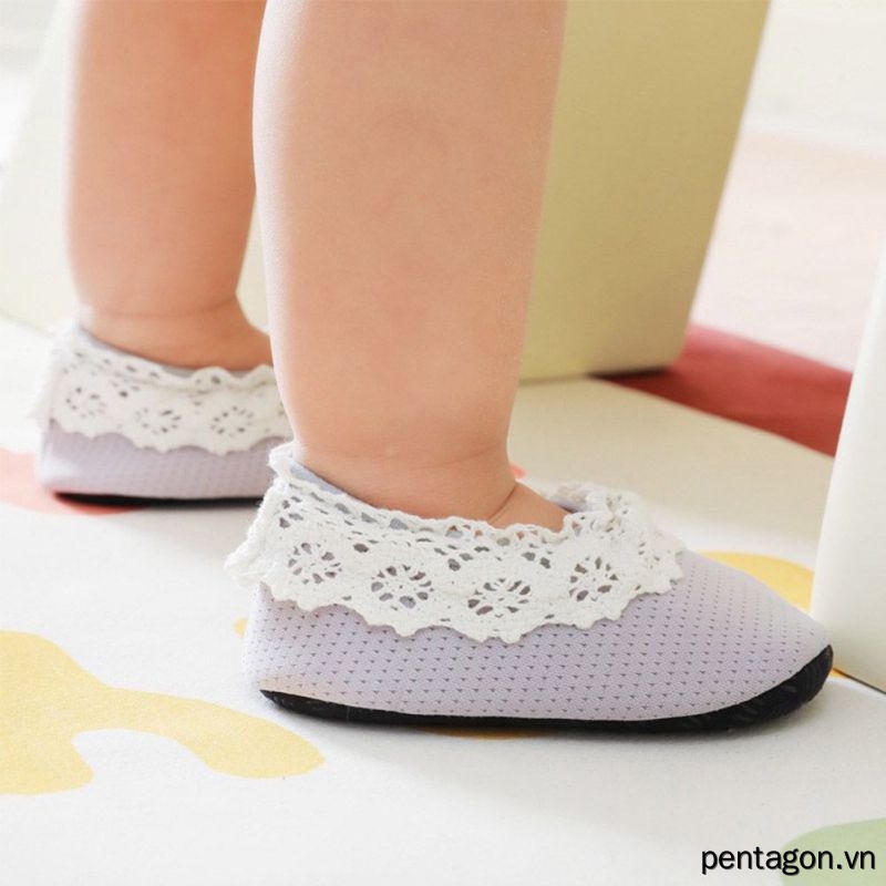 Vớ Ren Mềm Chống Trượt Màu Trơn Dành Cho Em Bé Tập Đi