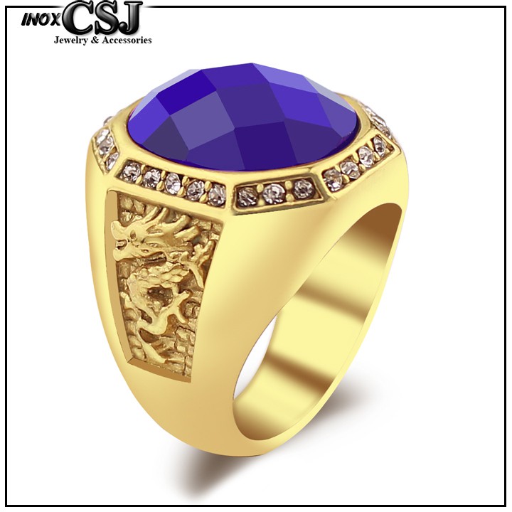 NHẪN NAM INOX MẠ VÀNG 2 BÊN CON RỒNG ĐÁ XANH DƯƠNG siêu đẹp - tặng hộp đựng xinh xắn