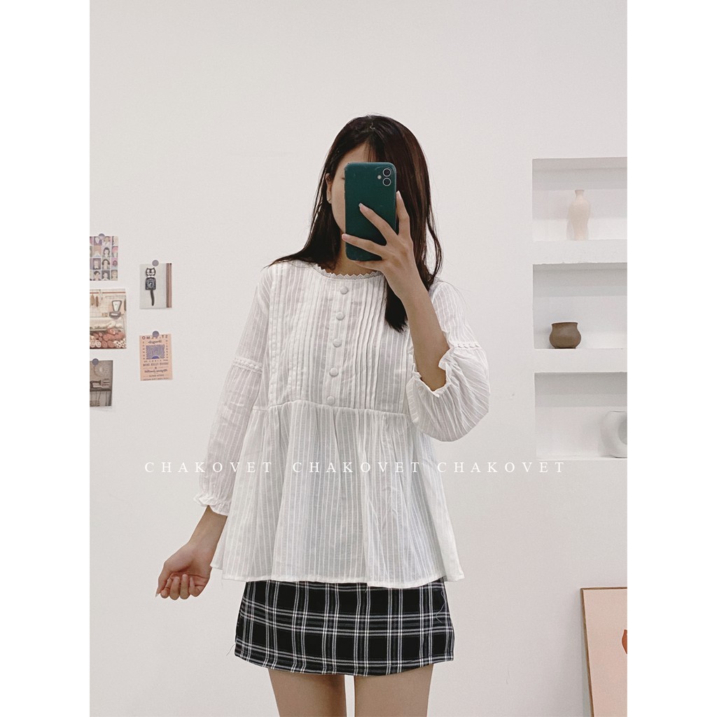 Áo sơ mi nữ dài tay Chakovet, Kiểu áo Babydoll viền ren cúc bọc tay bồng Freesize&lt;52kg - CKA073