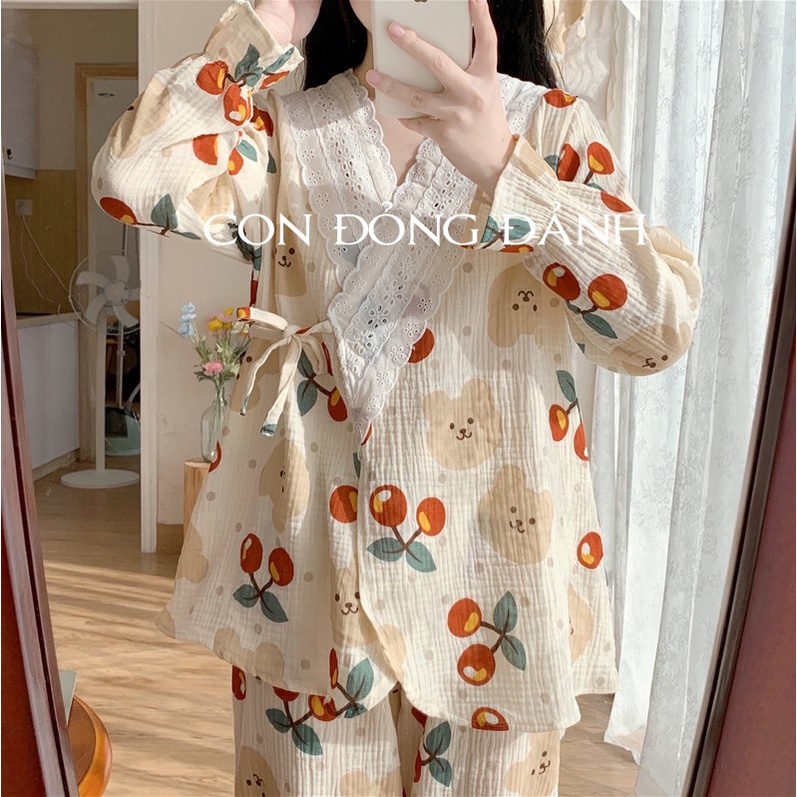 Đồ ngủ Nữ tiểu thư họa tiết ren dài tay Hàn Quốc ullzang chất đũi mỏng cotton 100% DN032