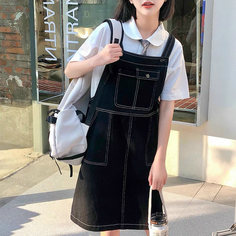 Yếm váy 2 dây chỉ nổi nữ mặc đi học phong cách Hàn Quốc Ulzzang trendy cute dễ thương - CUTEZOO