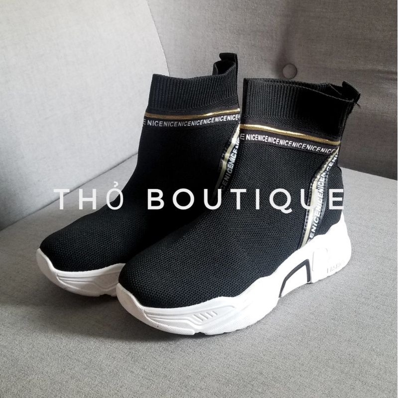 Giày thể thao NICE len thun cổ cao đen sọc chữ đế 3cm size 35, 36