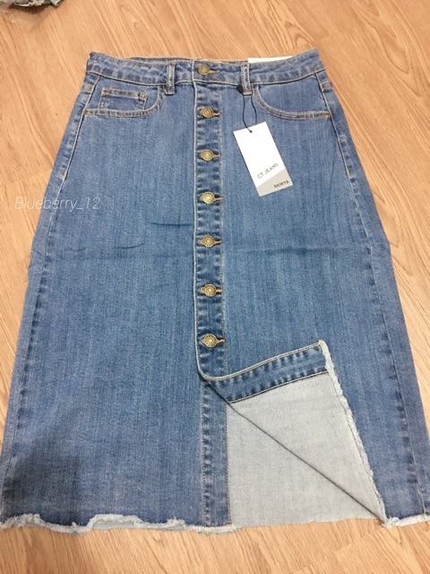 Chân váy Jean chữ A dáng dài đính cúc cắt gấu và xẻ vạt trước CT Jeans cực kỳ đẹp, hàng VNXK, 3 màu cực kỳ dễ phối đồ