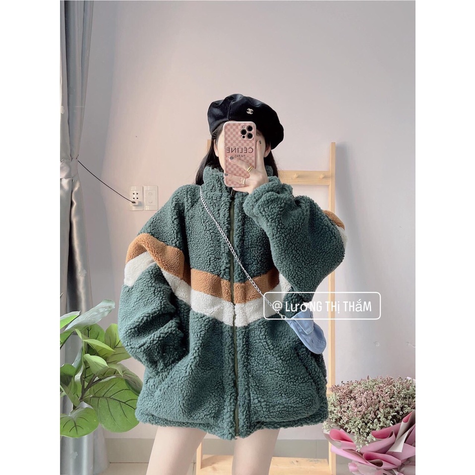 Áo khoác lông phối màu cực chất chất vải lông cừu dày dặn không bị xù phong cách Hàn Quốc SHINO fashion