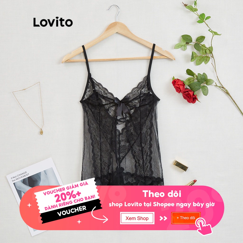 Đồ lót Lovito vải xuyên thấu ren tương phản phối dây buộc sexy không có miếng đệm L17X458 (màu đen) | BigBuy360 - bigbuy360.vn