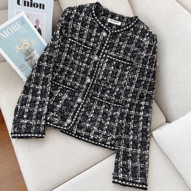 Áo dạ tweed ZYM'S HOUSE dáng ngắn cúc ngọc phối kẻ sọc K460, K461 .