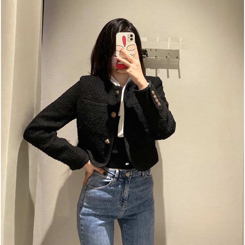 Áo Dạ Tweed Đen Dáng Ngắn Hàng QCCC