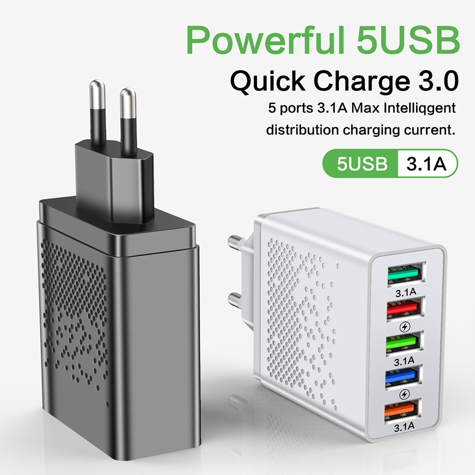 Củ Sạc Nhanh QC 3.0 60W 5 Cổng USB Phích Cắm EU / US Cho Samsung Xiaomi HuaWei