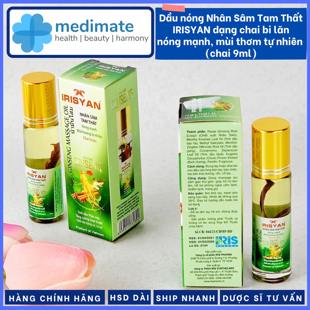 Dầu Nhân Sâm Tam Thất IRISYAN chai bi lăn nóng mạnh, mùi thơm tự nhiên (chai 9ml)