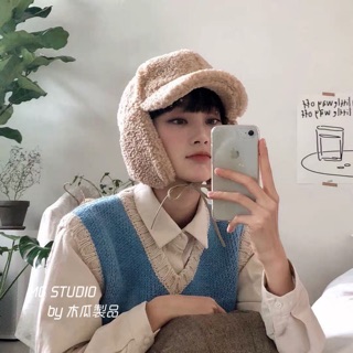 Mũ Len Lông Cừu Màu Trơn Giữ Ấm Bảo Vệ Tai Chống Gió Màu Trơn Kiểu Retro Hàn Quốc Thời Trang Thu Đông Cho Cặp Đôi