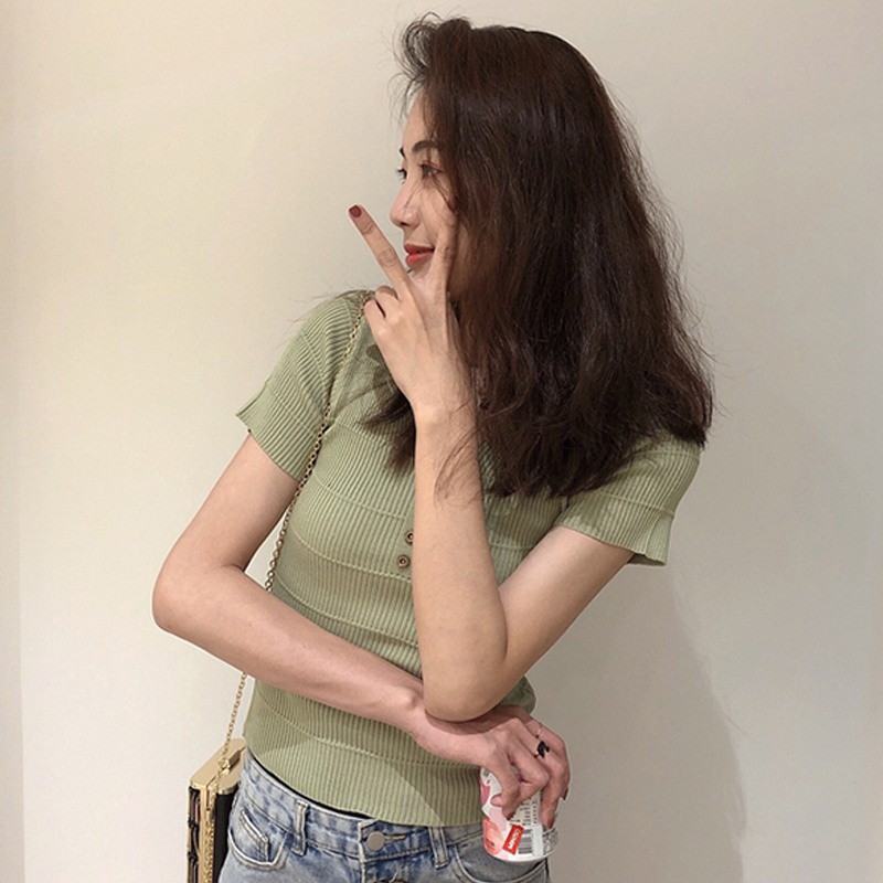 [Baywellfashion]Freeship từ 50K - Áo dệt kim tay ngắn phối nút thiết kế cổ chữ V quyến rũ | BigBuy360 - bigbuy360.vn